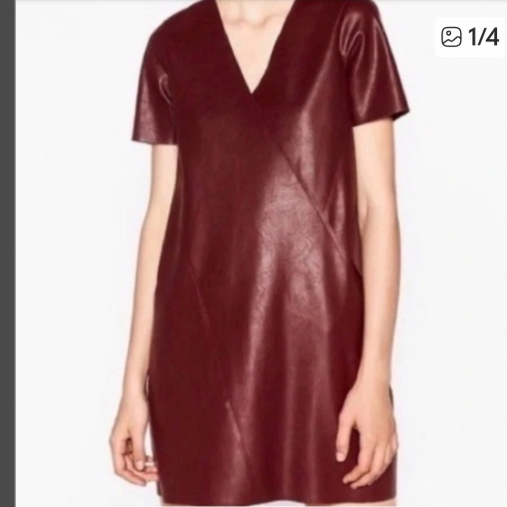 Zara Burgundy Faux Leather V-Neck Mini Dress - Size S - Picture 2 of 9